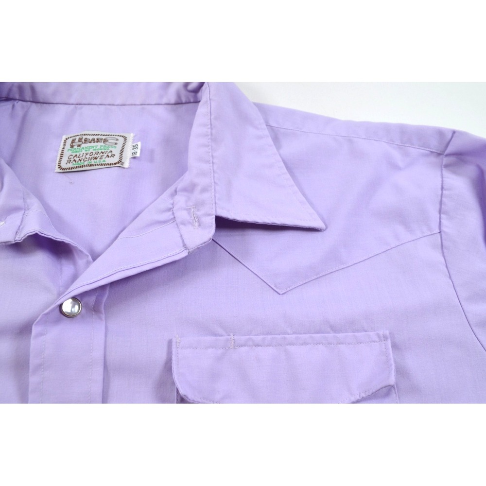VINTAGE H Bar C Shirt Mens XL 18 / 35 Purple Lilac Pearl Snap Western 70s READ